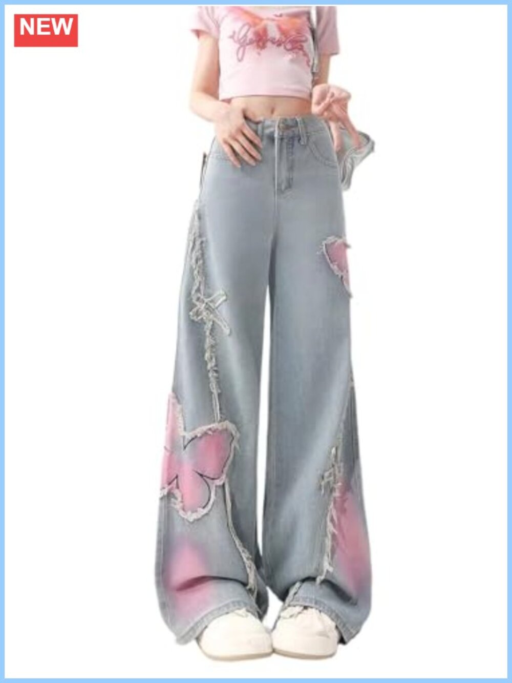 Y2K Baggy Distressed Wide Leg Jeans High Waist Butterfly Star Patches